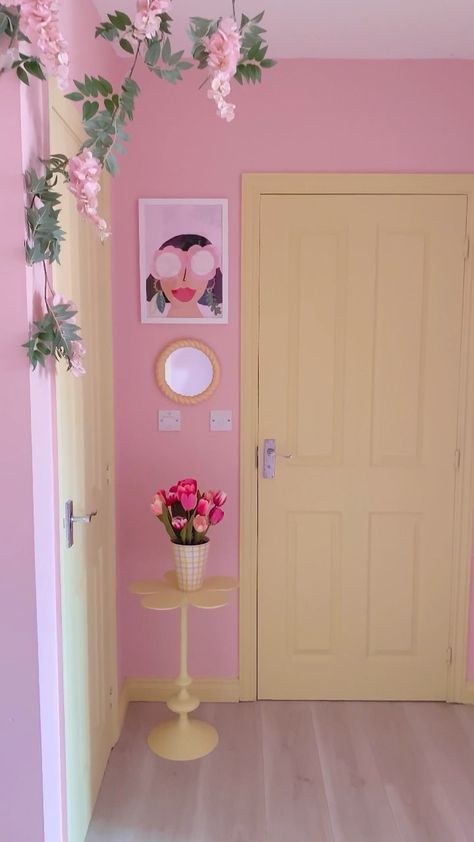 Pink Paint Room Ideas, Pink And Yellow Interior Design, Pink And Yellow Wall Paint, Kate Rose Morgan, Pink And Yellow Bathroom Decor, Pink Yellow Room Decor, Pastel Salon Decor, Pink Yellow Decor, Pink And Yellow House Decor