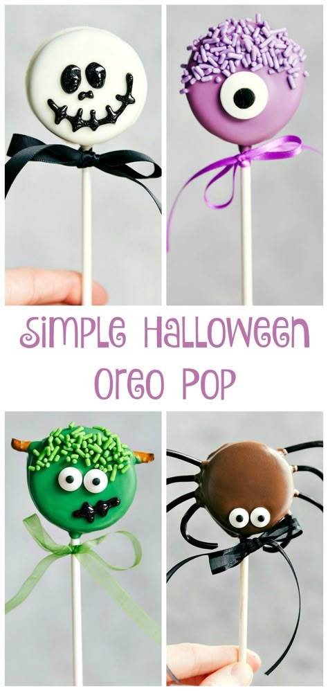 Skeleton Oreo Pops, Halloween Oreo Pops Easy, Easy Halloween Cake Pops Ideas, Monster Oreo Pops, Halloween Treat Ideas To Sell, Halloween Treat Decorating For Kids, Oreo Stick Pops, Oreo Cake Pops Halloween, Halloween Kids Party Food Snacks Ideas