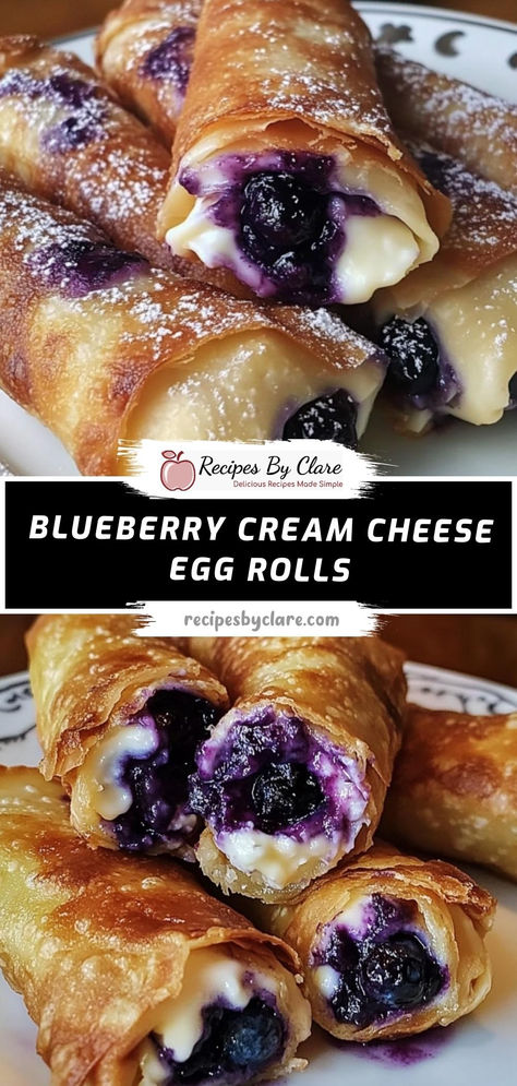 These Blueberry Cream Cheese Egg Rolls feature a crispy, golden shell with a luscious filling of sweet blueberries and creamy cream cheese. Perfect for dessert or a special treat!

Ingredients:

2 cups fresh blueberries
8 oz cream cheese, room temperature
12 egg roll wrappers
Fry to golden perfection and dust with powdered sugar for an irresistible dessert! Blueberry Egg Rolls, Party Foods On A Budget, Blueberry Cream Cheese Bites, Blueberry With Cream Cheese Recipes, Easy Delish Desserts, Breakfast Ideas Pastries, Sweet Treats Easy To Make Desserts, Hawaiian Rolls Cream Cheese Danish, Blueberry Cream Cheese Egg Rolls