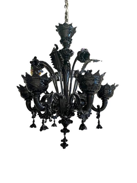 "Classic Murano glass chandelier. Every chandelier is exclusively worked by hand by Murano glass masters using ancient artisan techniques. This stunning black Murano glass chandelier is the perfect lighting piece for any room. Dimensions: 3 light - 24\" H x 20\" D (60 cm H x 50 cm D)  5 light -  27.5\" H x 24 D (70 cm H x 60 cm D) 6 light - 29.5\" H x 27.5\" D (75 cm H x 70 cm D) 8 light - 33.5\" H x 31.5\" D (85 cm H x 80 cm D) Standard hardware selections are: Polished gold, brushed gold, poli Victorian Gothic Chandelier, Gothic Apartment, Chandelier Gothic, Chandelier Victorian, Gothic Lighting, Skull Bedroom, Gothic Chandelier, Black Crystal Chandelier, Blown Glass Lighting