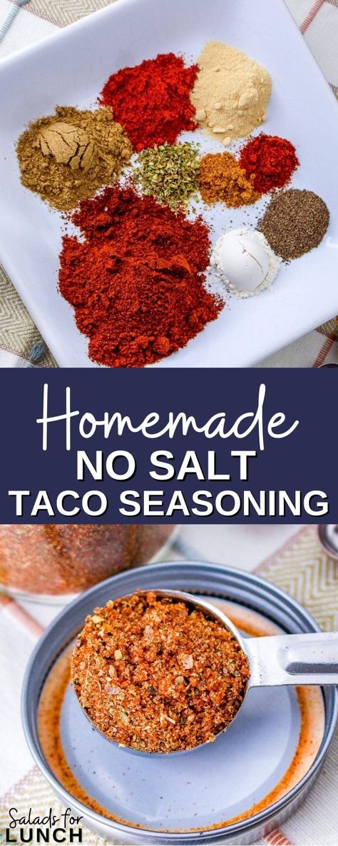 Elevate your taco game with my homemade no salt taco seasoning mix! Packed with a harmonious blend of chili powder, cumin, paprika, and a hint of smokiness, it's the perfect way to add bold and flavorful zest to your dishes without the sodium. Taco Seasoning Easy, Homemade Seasoning Salt, Mexikansk Mat, Homemade Taco Seasoning Recipe, Homemade Seasoning, Taco Seasoning Recipe, Spice Mix Recipes, Seasoning Salt, Seasoning Recipe