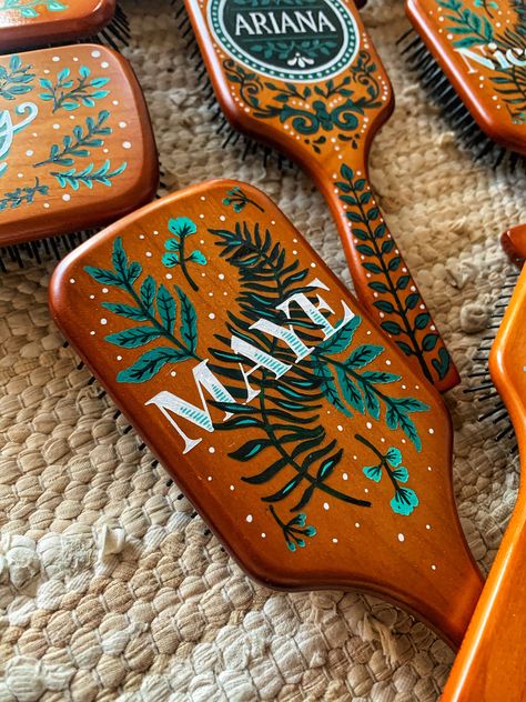 Hand-lettered customized Aveda paddle brush Painted Hairbrush, Book Retreat, Wooden Hair Brush, Broken Book, Wooden Brush, Henna Night, Diy Xmas Gifts, Paddle Brush, Fall Break