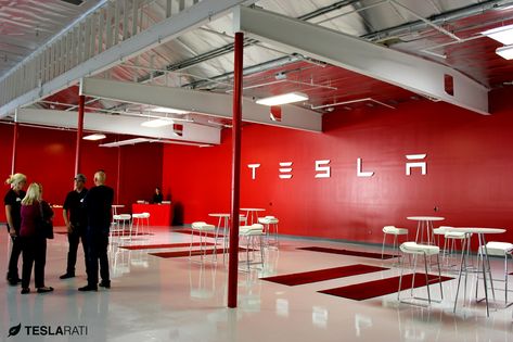 Tesla Office, Private Office Desk, Car Warehouse, Car Showroom Interior, Mobile Shop Design, Red Office, Photo Scavenger Hunt, Interior Design Student, Office Branding