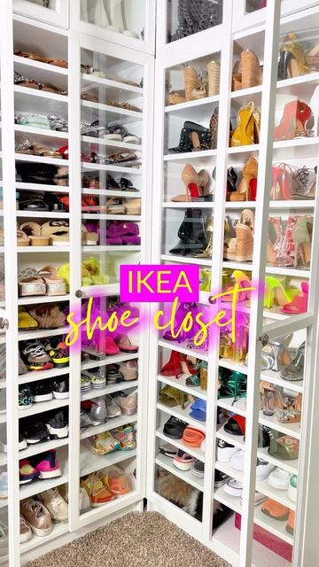 Ikea Shoe Closet, Home Diy Videos, Shoe Closet Design, Shoes Closet Ideas, Closet Shoe Organization, Billy Bookcase With Doors, Ikea Shoe Storage, Shoe Shelf In Closet, Billy Hack