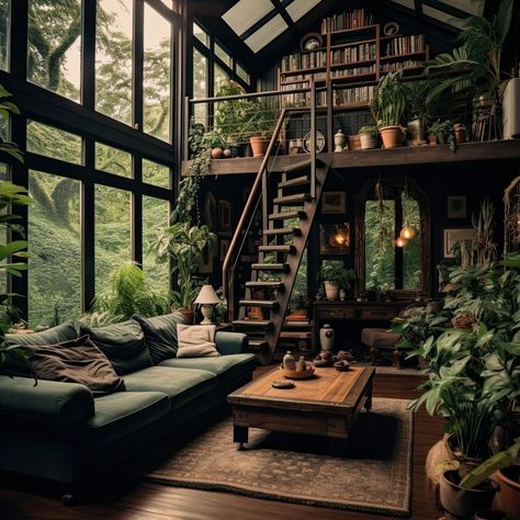 Small Cottages In The Woods, Cozy Small House Design, Hobbit Style Living Room, Rustic Victorian House, Dark Tone House, Fantasy House In The Woods, Victorian Tiny Home, Woodsy House Interior, House In The Woods Interior