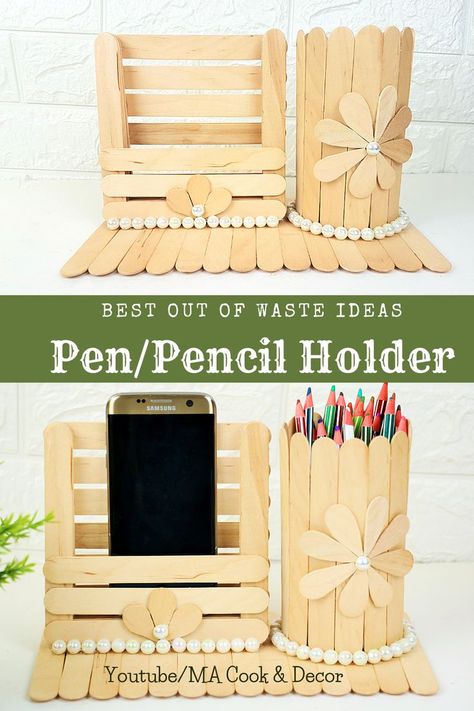 Popsicle Stick Phone Holder, Popsicle Pencil Holder, Popsicle Stick Crafts Pencil Holder, Popsicle Stick Desk Organizer, Pencil Holder Diy Popsicle Sticks, Diy Pencil Holder Ideas, Popsicle Stick Pencil Holder, Pencil Stand Ideas, How To Make Pencil Holder