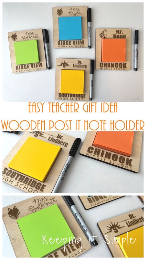 Post It Holder Diy, Post It Note Gift Ideas, Diy Sticky Note Holder, Diy Post It Note Holder, Glowforge Projects For Teachers, Laser Gifts, Wood Teacher Gifts Diy, Cnc Teacher Gifts, Glow Forge Teacher Gifts