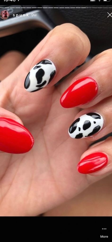 Red Cow Print Nails Acrylic, Cow Print Nails With Red, Red Nails With Cow Print, Red Western Nails Acrylic, Red And Cow Print Nails, Red Country Nails, Red Cow Nails, Farm Nails Designs, Red Cow Print Nails