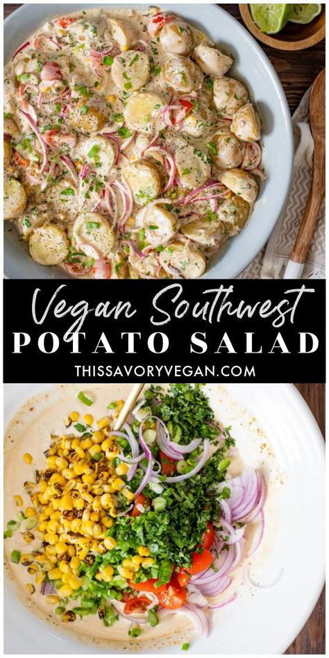 Chunky Potatoes, Layer Potatoes, Creamy Chipotle Dressing, Vegan Potato Salad, Vegan Potato Recipes, Chipotle Dressing, Layered Potato, Vegan Potato Salads, Vegan Summer Recipes