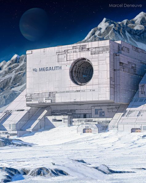 Permafrost: Megalith Marcel Deneuve, Numenera Landscapes, Ice Planet, Moon Base, Sci Fi Architecture, Traveller Rpg, Sci Fi Landscape, Space Engineers, Science Fiction Artwork