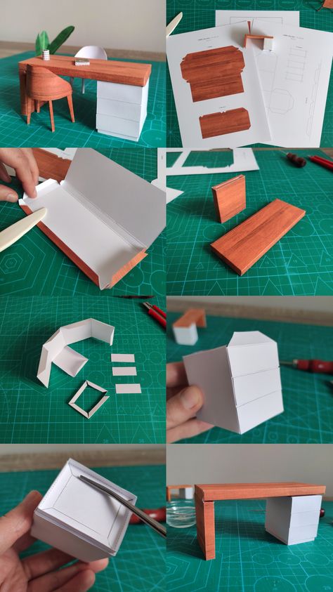 Craft a 1:12 and 1:24 scale office desk model with paper using a printable PDF template. This diy paper craft project is beginner-friendly and all you need are some innexpensive tools and materials, like glue, printer paper and a scoring tool. You can read the instruction with photos, if you need help getting started. You can place the assembled desk model in your dioramas, dollhouse or simply as decoration for your home. Diy Cardboard Miniatures, Paper Furniture Diy, Paper Craft Miniature, Diy Paper Miniatures, Paper Printable Crafts, Papercraft Furniture, Diy Desk Decor Ideas Crafts, Miniature Printables Templates, Paper Dollhouse Printable