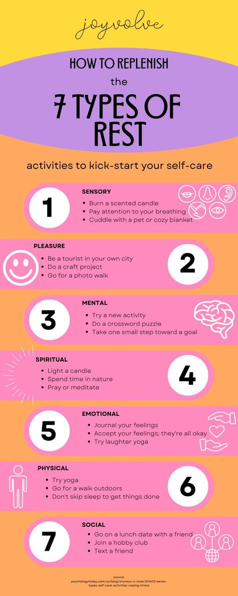 Self-care activities for the 7 different types of rest to kick-start your self-care journey 7 Types Of Rest, Types Of Self Care, Types Of Rest, Laughter Yoga, Life Satisfaction, Ted Talk, Prophetic Art, One Small Step, Balanced Life