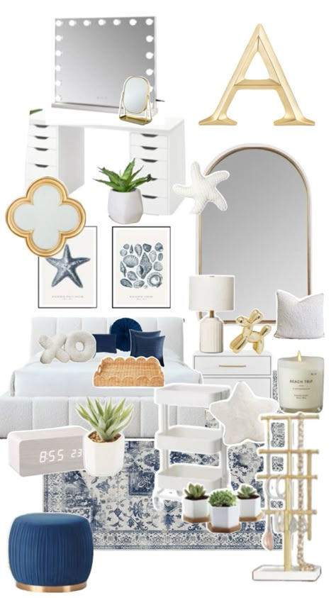 Navy And White Room Bedrooms, Navy Blue Room Inspiration, Blue Themed Room Ideas, Coquette Room Aesthetic Blue, Navy Blue Coastal Bedroom, Beachy Room Ideas For Teens, Navy Blue Dorm Room Ideas, Room Inspo Collage, Stockholm Room Inspo Bedroom