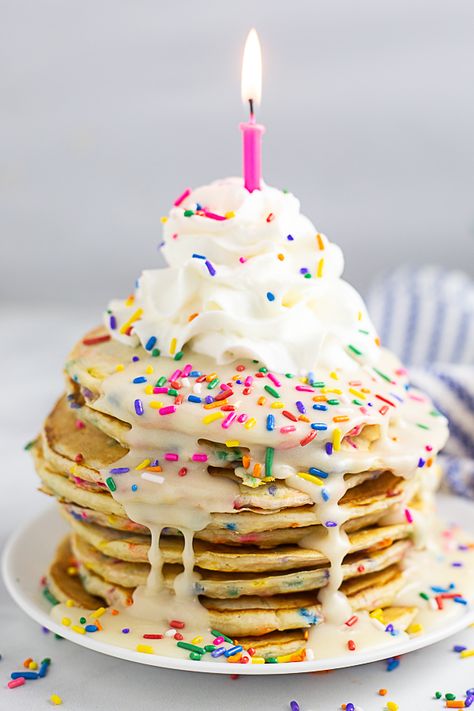 Birthday Cake Pancakes, Funfetti Pancakes, Cake Mix Pancakes, Birthday Pancakes, Cake Pancakes, Boxed Cake Mixes Recipes, Pancakes From Scratch, Birthday Breakfast, Funfetti Cake