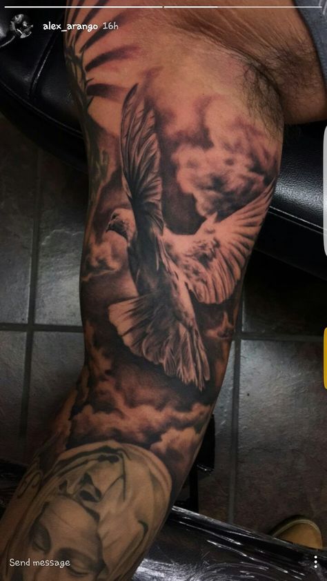 Dove Inner Bicep Tattoo, Dove Bicep Tattoo, Cloud Dove Tattoo, Dove Clouds Tattoo, Biceps Tattoo, Bicep Tattoo For Guys Inner, Dove Tattoo Men, Clouds Tattoo, Inside Bicep Tattoo