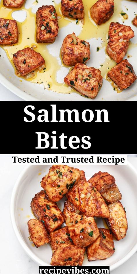 Garlic butter salmon bites recipe ready in under 10 minutes. The salmon cubes are seasoned, pan seared, and tossed in garlic butter sauce for a fish dish that is packed full of bold flavors and can be served as appetizers or as a main dish. It's versatile, delicious, and about to be your favorite salmon recipe. Salmon Tails Recipe, Salmon Scraps Recipe, Pan Seared Salmon Bites, Salmon Bites Baked, Pan Fried Salmon Bites, Seared Salmon Bites, Garlic Parmesan Salmon Bites, Fish Bites Recipe, Baked Salmon Bites Recipes Oven