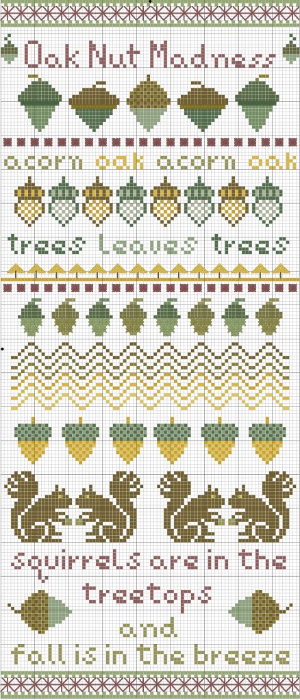 Oak Nut Madness, designed by Remy Lawler, blogger for Embroiderbee's Primary Hive. Loom Animals, 123 Stitch, Oak Art, Motif Fair Isle, Fall Cross Stitch, Cross Stitch Freebies, Nature Cross Stitch, Cross Stitch Borders, Cross Stitch Samplers