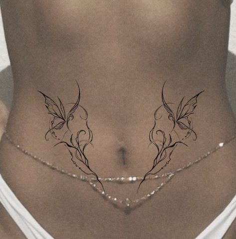 Scubbus Tattoo, Waste Tattoo Women, Small Lower Stomach Tattoos For Women, Low Waist Tattoo, Breast Tattoos For Women Middle, White Back Tattoo, Tattoo Ideas Belly, Low Stomach Tattoo, Belly Tattoo Ideas