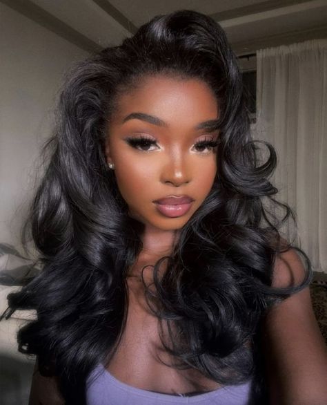 Curls For Long Hair Black Women, Updos Black Hairstyles, Feathered Side Bangs, Black Women 90s Hairstyles, Gala Hairstyles Long Classy, Kibbe Hair, Big Hair Black Women, 90s Bombshell Hair, Taurus Midheaven