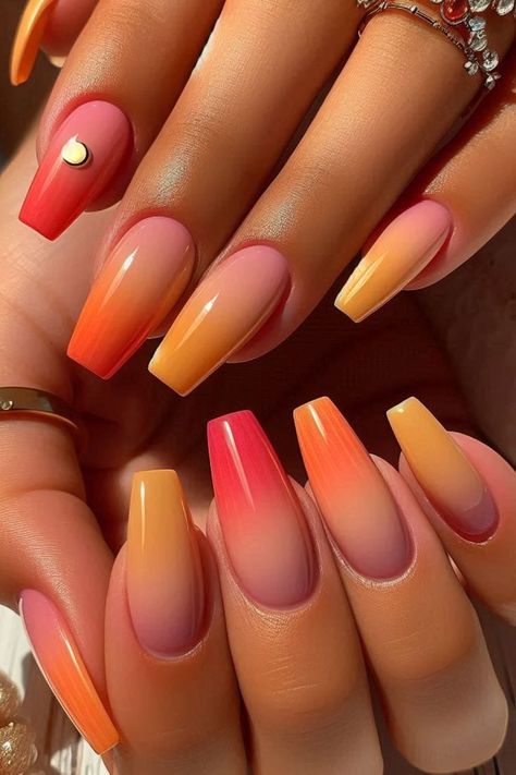 A collection of the hottest summer nail designs for 2024, featuring vibrant colors and chic minimalist patterns perfect for vacation, beach days, and summer outings. Summer Sunset Nails, Sunrise Nails, Mexico Nails, Dark Nail Designs, Sunset Nails, Mani Ideas, August Nails, Nails Arts, Summer Nail Designs