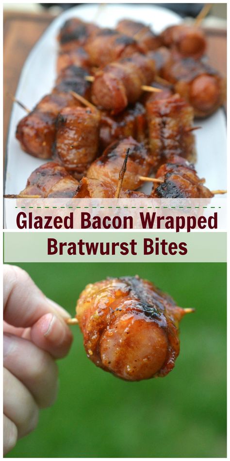 Bacon Wrapped Bratwurst Bratwurst Bites Recipes, Bacon Wrapped Brat Bites, Bratwurst Appetizer Bites, Smoked Bratwurst Recipes, Brat Bites Appetizer, Bacon Wrapped Sausage Bites, Bratwurst Appetizer Recipes, Bratwurst Appetizers, Meals With Bratwurst