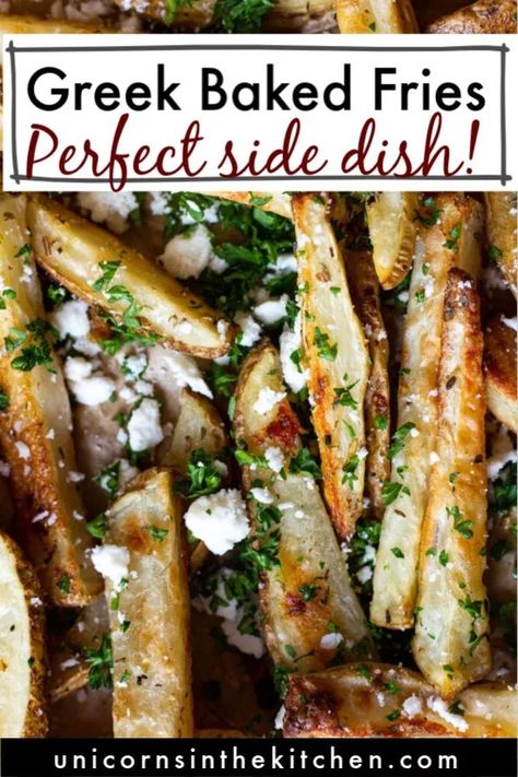 Feta French Fries, Greek French Fries, Greek Fries Recipe, Greek Side Dishes, Greek Goodness, Greek Fries, Oven Baked Fries, Healthy Fries, Side Ideas