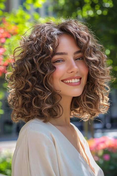 Discover the magic of shoulder length curly hairstyles that exude charm and elegance! This delightful look features bouncy, well-defined curls that frame the face beautifully, creating a soft and romantic vibe. Perfect for any occasion, these curly hairstyles are versatile and easy to style, allowing you to embrace your natural texture while showcasing your personality. Don't miss out—unleash your hair's potential! #curlyhairstyles Short Curly Haircuts Long Face, Curly Hair Parted To The Side, Natural Texture Hair, Curly Cut Shoulder Length, Curly Hair Business Professional, Shoulder Length Haircut Curly, Curly Caramel Balayage, Curly Hair Inspiration Shoulder Length, Shoulder Length Curly Haircuts Natural Curls