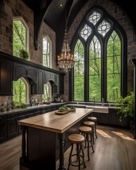 Modern Goth Home Exterior, Gothic Home Renovation, Modern Gothic Mansion, Goth Kitchen Aesthetic, Gothic Penthouse, Gothic Mansion Interior, Gothic House Interior, Gothic Village, Modern Gothic House