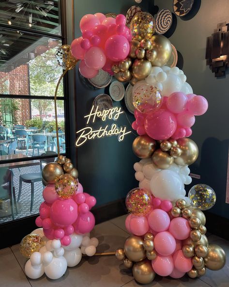 Pink, Gold, and White Birthday Balloon Arch by Capri & Eros Occasions Houston Pink Gold And White Birthday Party Decoration, 50th Birthday Balloons Pink, Balloon Garland Pink And Gold, White Pink Gold Balloon Garland, Coral Gold And White Balloon Arch, Balloon Decorations 21st Birthday, Balloon Arch Pink And Gold, Pink Birthday Balloon Arch, Hot Pink White And Gold Party Decoration