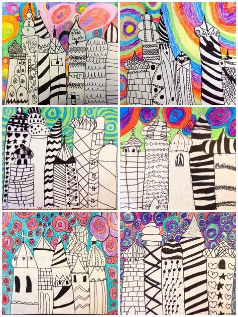 2nd Grade Russian Architecture  Exploring Art: Elementary Art Grade School Art Projects, Art 2nd Grade, Line Art Projects, Elementary Art Lessons, Art Elementary, Primary School Art, Elementary Art Rooms, 2nd Grade Art, Russian Architecture