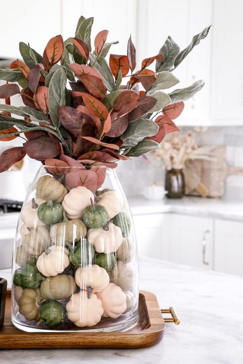 Diy Centerpiece For Wedding, Fall Decor Vase Fillers, Pumpkins In Vase Centerpiece, Pumpkin Vase Filler, Table Pumpkin Centerpiece, Magnolia Leaf Fall Decor, Fall Leaves In Vase, Fall Magnolia Decor, Clear Pumpkin Jar Decor