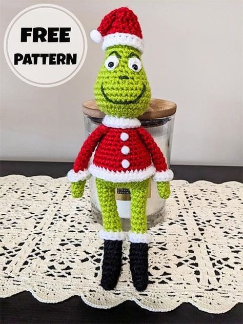 The crochet grinch amigurumi toy pattern, the most beloved imaginary character during Christmas, is with you for free. I know Christmas is not yet approaching but I wanted to make it and share it with you. The Grinch Amigurumi Free Pattern, Crochet Grinch Pattern Free, Grinch Crochet Pattern Free, Yoga Socks Crochet Pattern, Crochet Grinch, Crochet Shorts Pattern, Diy Crochet Doll, Crochet Santa, Crocheting Ideas