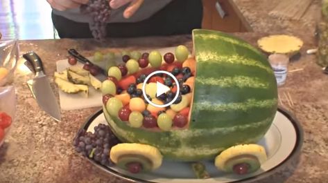 How to Make A Watermelon Baby Carriage Watermelon Carving Easy, Watermelon Baby Carriage, Baby Shower Watermelon, Rice Cereal Treats, How To Grow Watermelon, Baby Shower Fruit, Kosher Cooking, Watermelon Baby, Stroller Baby