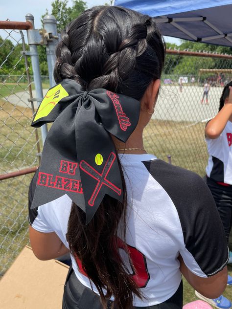 softball, hairstyles, cute, bow, dutch braid, braid, hair Softball Hairstyles Braids Sports, Sports Day Hair, Softball Braids, Volleyball Hair Bows, Softball Hair Bows, Softball Hair, Track Hairstyles, Two Braid Hairstyles, Hairstyles Cute