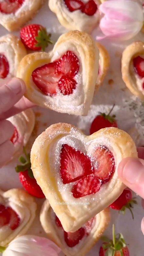 Home • Decor • Inspiration on Reels | Puff Pastry With Cream Cheese, Vday Dessert, Cream Danish, Valentines Strawberry, Heart Danish, Strawberry Puff Pastry, Breakfast Danish, Cottagecore Recipes, Valentine Strawberries