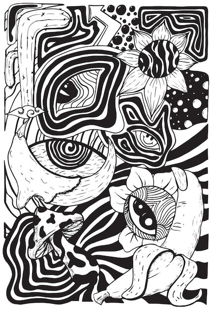 A black and white drawing of a cat and a... | Premium Vector #Freepik #vector #lsd #sketch #psychedelic-art #hand-drawn-sketch Lsd Drawings, Skateboard Ideas, Drawing Of A Cat, Lsd Art, Battery Acid, Contrast Art, Poster 3d, Line Doodles, Psychadelic Art