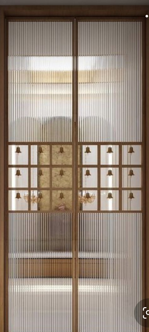 Pooja Room With Window, Fluted Glass Pooja Door, Pooja Ghar Door Design, Glass Door For Mandir, Dev Ghar Design, Pooja Room Glass Door Designs, Mandir Glass Door Design, Pooja Room Door Design Modern, Dev Ghar