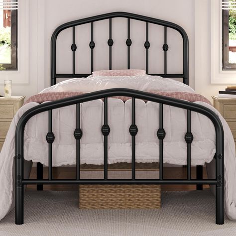 PRICES MAY VARY. HIGH HEADBOARD WITH CROWN DESIGN: The mix of straight lines and beautifully curved edges creat a grand and elegant style in any master suite or guest bedroom. The crown design of twin bed frames prevent accidental bumps and bruises. The 42.5'' high headboard and footboard of this metal twin platform bed can easily fit mattresses of varying thicknesses. STURDY FOUNDATION&NO BOX SPRING NEEDED: This twin size bed frame is constructed completely of a powder-coated metal frame that i Black Twin Bed, Gothic Twin Bed, Metal Bed Frame Twin Size, Black Metal Twin Bed Frame, Black Metal Bed Frame Twin, Wrought Iron Headboard, Metal Platform Bed Frame Twin, Iron Headboard, Twin Size Bed Frame