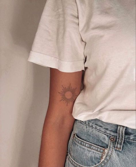 Red Yin Yang Tattoo, Full Sun Tattoo, Arizona Sun Tattoo, Unique Sun Tattoos For Women, Sun Tattoo Placement Ideas, Sun Tattoo Inner Arm, Sun On Elbow Tattoo, Elbow Tattoo Sun, Delicate Sun Tattoo