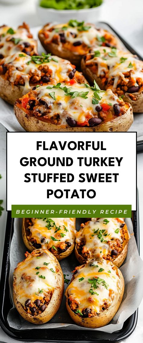 Image for Flavorful Ground Turkey Stuffed Sweet Potato Ground Turkey Snack Recipes, Protein Stuffed Sweet Potato, Ground Turkey Snacks, Ground Turkey Stuffed Sweet Potato, Ground Turkey Sweet Potato Soup, Paleo Ground Turkey Recipes, Ground Turkey Potato Recipes, Stuffed Sweet Potato Recipes Healthy, Stuffed Sweet Potatoes Recipes