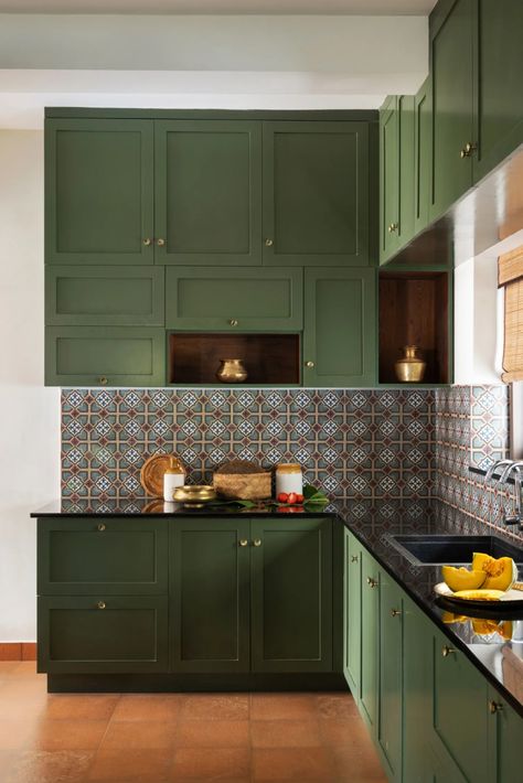 In these 7 kitchens from AD's archives, green hues come alive for a trendy kitchen unlike any other. Indian Kitchen Interior Traditional, Indian Kitchen Interior Modern, Traditional Kerala Home, Kitchen Ideas Indian, Indian Kitchen Interior, Indian Kitchen Design Ideas, Kitchen Design Indian, Indian Kitchen Design, Kitchen Interior Modern