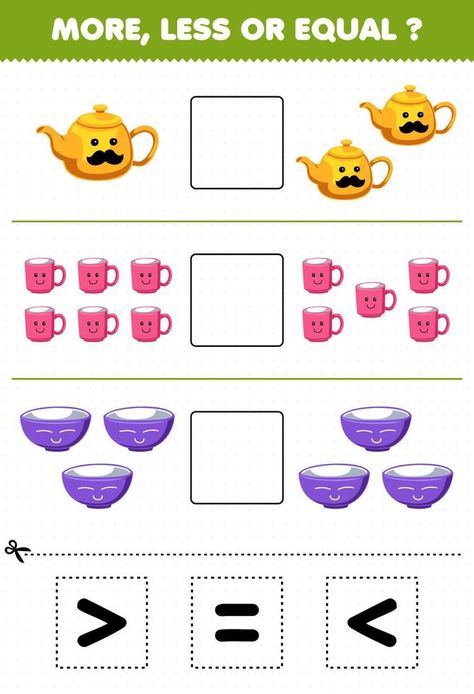 Education game for children count more less or equal of cartoon teapot mug bowl then cut and glue the correct sign tool worksheet Beginning Sounds Worksheets, Christmas Activity Book, Cut And Glue, Pattern Activities, Game For Children, Math Activities Preschool, More And Less, Toddler Learning Activities, Toddler Learning