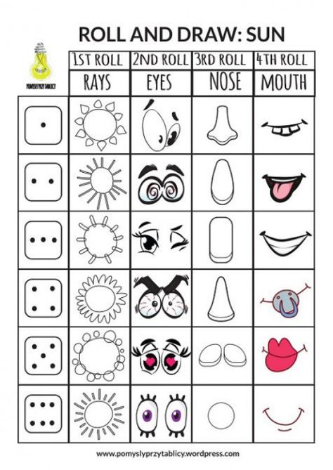 ROLL and draw Sun #math #math #drawing Roll The Dice Drawing Game, Roll And Draw Free Printables, Draw Sun, Roll And Draw, Art Games For Kids, Drawing Games For Kids, English Teaching Materials, Rolling Dice, Drawing Activities