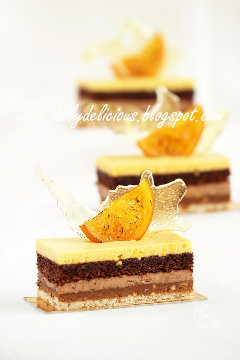 dailydelicious: Valencia: Orange, Chocolate and Nut Entremets, wonderful recipe from chef Sadaharu Aoki Entremet Recipe, Patisserie Fine, Opera Cake, Valencia Orange, Orange Chocolate, Baking Book, Yellow Garden, Layered Desserts, Gourmet Desserts