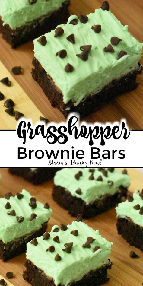 Grasshopper Brownies, Grasshopper Bars, St Patricks Food, Mint Desserts, Mini Pastries, Mint Brownies, Cream Cheese Buttercream, Chewy Brownies, St Patricks Day Food