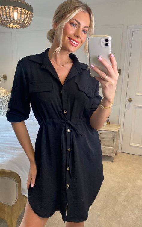 Shirt Dresses, Button-up Shirt Dress With Tie Waist For Day Out, Work Shirt Outfit, Black Shirt Dress Outfit, Black Mini-length Shirt Dress For Day Out, Trendy Black Button-up Mini Dress, Black V-neck Shirt Dress With Buttons, Black Button-up Belted Shirt Dress, Tie Belt Dress