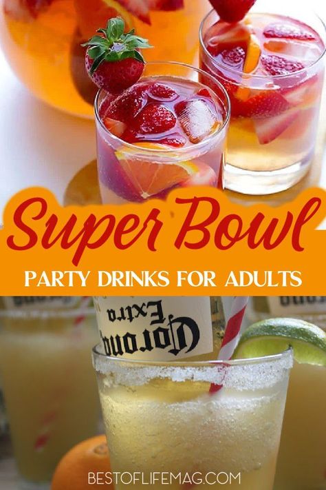 Paired with great food, these game day and Super Bowl party drinks and recipes will keep your party festive for everyone. House Party Drinks | Cheap Party Drinks | Alcoholic Party Punch for a Crowd | Party Drink Ideas for Adults | Cocktail Recipes for Parties | Drinks for Adults | Super Bowl Party Cocktails | Drinks for Super Bowl Parties | Cocktails for Super Bowl Parties #superbowlparty #cocktailrecipes Party Punch For A Crowd, House Party Drinks, Alcoholic Party Punch, Super Bowl Punch, Super Bowl Party Drinks, Punch For A Crowd, Party Drink Ideas, Super Bowl Drinks, Superbowl Cocktails