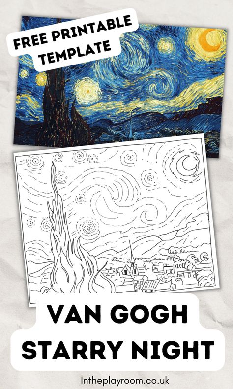 Van Gogh starry night outline free printable template to use for crafts or as a coloring page Starry Night Collaborative Art, Van Gogh Coloring Pages Free Printable, Starry Night Art Project For Kids, Van Gogh Crafts For Kids, How To Paint Starry Night Step By Step, Van Gogh Activities For Kids, Painting Outlines Free Printable, Van Gogh Kids Art Projects, Starry Night Template