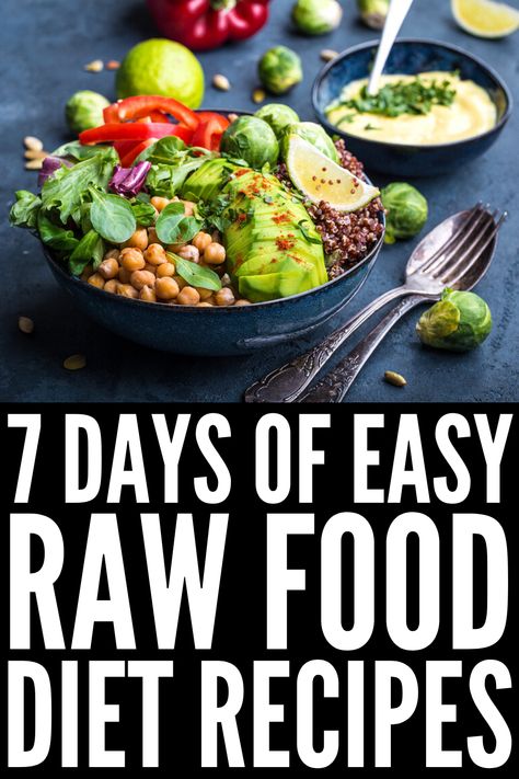 7 Days of Raw Food Recipes for Weight Loss | Perfect for beginners, this 7-day raw food diet meal plan will help you detox your body and get into a clean eating regime for serious results! With easy vegan recipes for breakfast, lunch, dinner, and snacks, these no cook, plant based meals are simple to make and perfect for those who are on a budget! These recipes incorporate protein so you feel full and most are gluten free, which is an added bonus! #rawfood #rawfooddiet Iifym Meal Plan, Raw Vegan Recipes Easy, Raw Food Diet Plan, Count Macros, Meal Plan For Beginners, Vegan Entrees, Raw Vegan Diet, Easy Meal Plans, Vegan Meal Plans