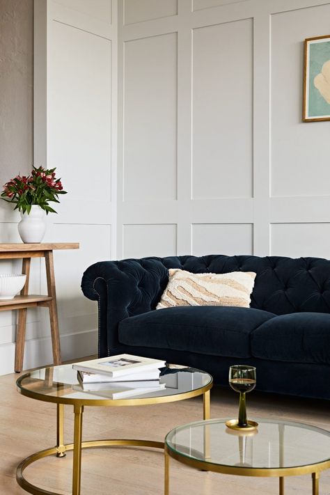 Albert Chesterfield navy velvet sofa | Rose & Grey Blue Chesterfield Sofa Living Room, Sofa Design Living Rooms Indian, Sofa Design Living Rooms Luxury, Modern Living Room Sofa Set, Chesterfield Sofa Living Room, Stylish Sofa Sets, Living Room Indian, Green Sofa Living Room, Velvet Sofa Living Room